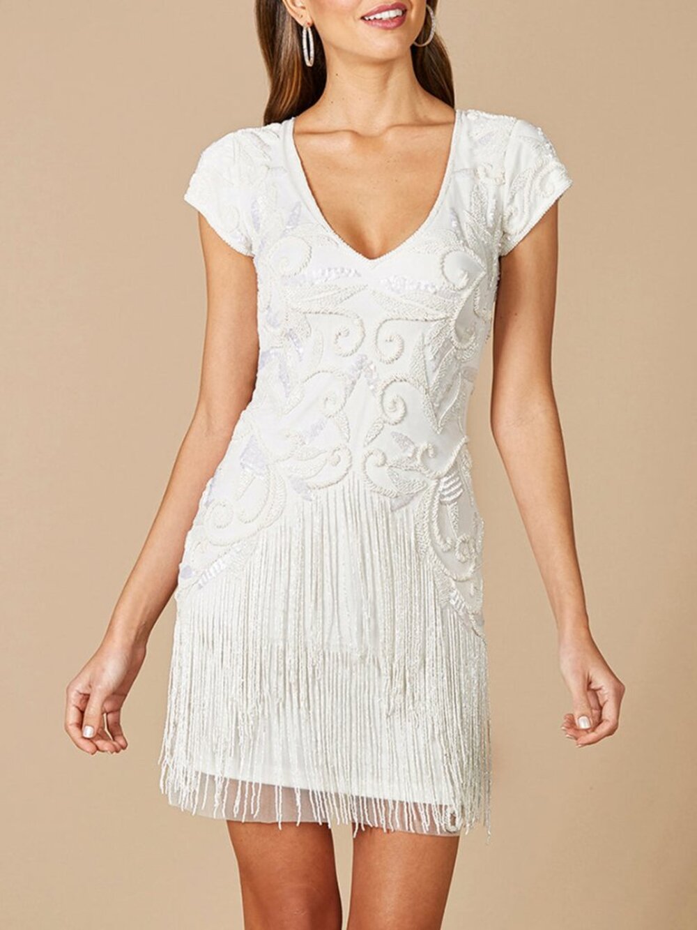 Lara Candie V-Neck Beaded Mini Dress with Fringe Size 6